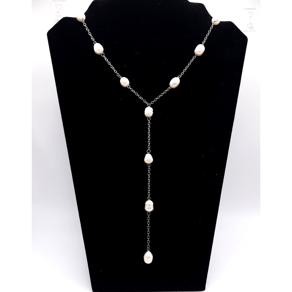 Freshwater Pearl Lariat Necklace Silver Tone Y Drop Adjustable